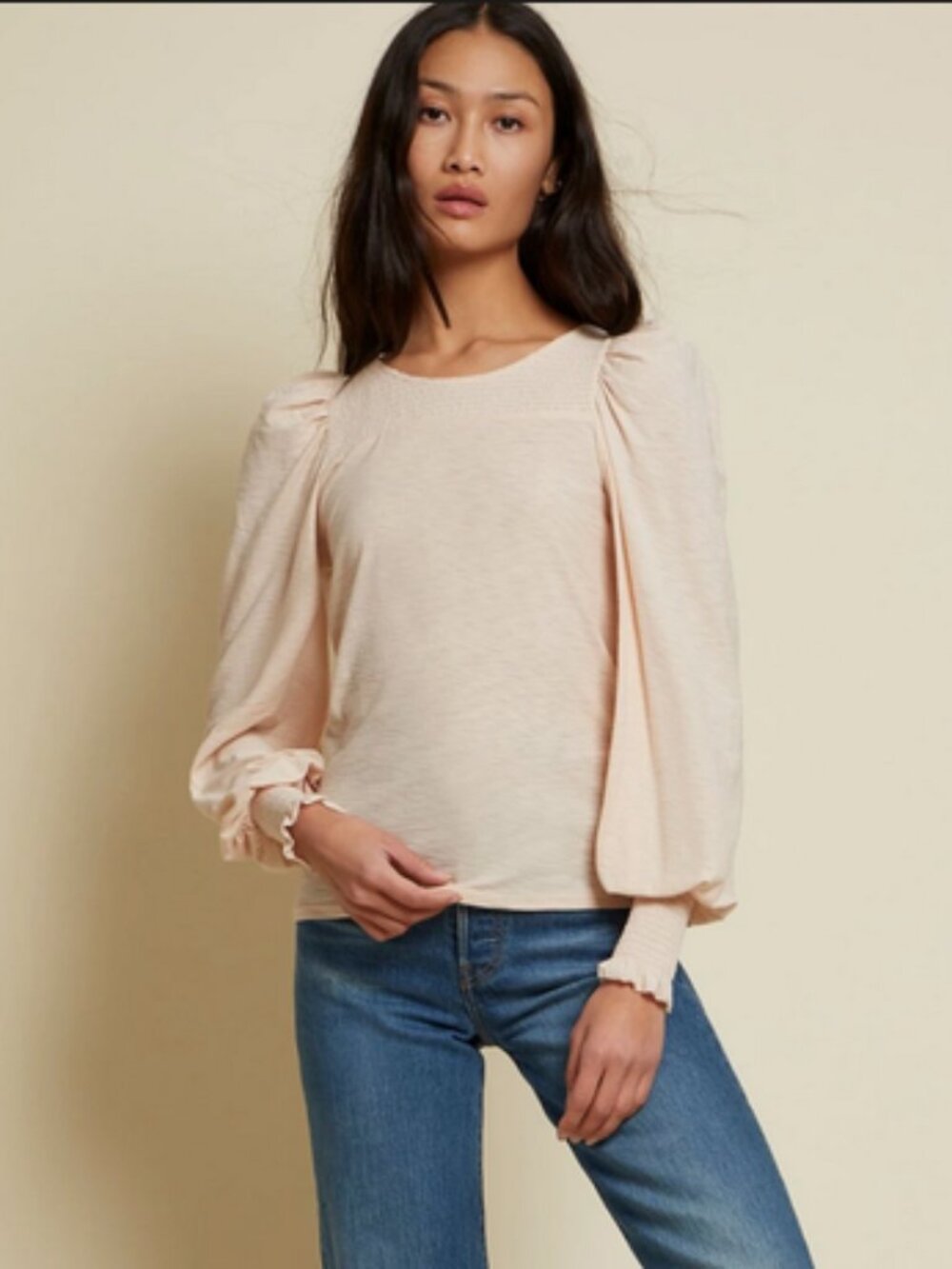 Nation Ltd Abigail Festival Puff Sleeve Smocked Tee Womens M Pale Pink Cotton